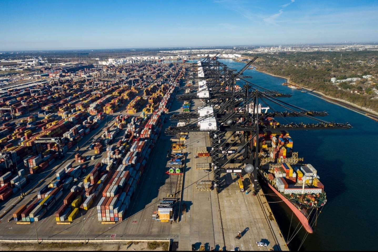 Aerial view of a container terminal connecting water and land transportation